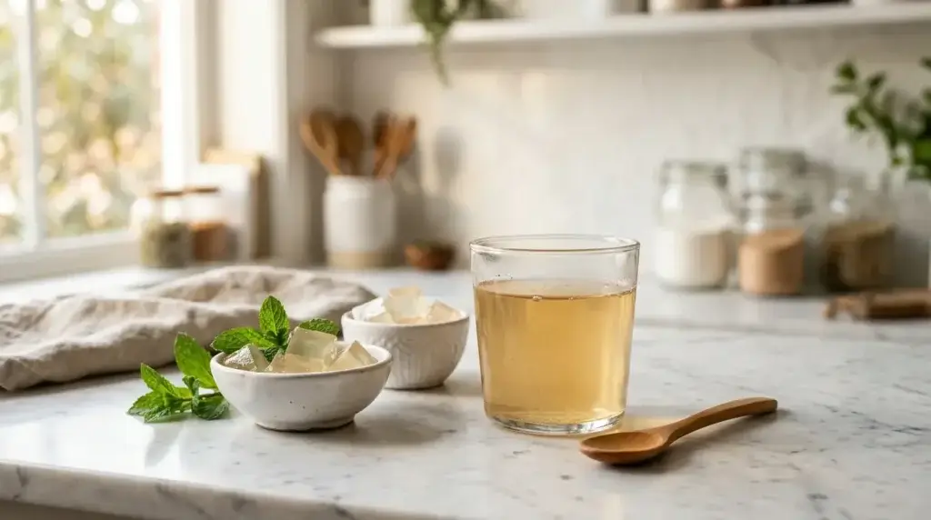 Glass of dissolved gelatin in warm water before a meal for appetite suppression