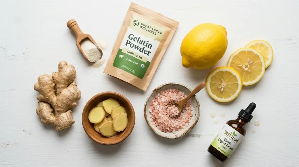 Ingredients for gelatin belly fat loss recipe: unflavored gelatin, lemon, ginger, pink salt