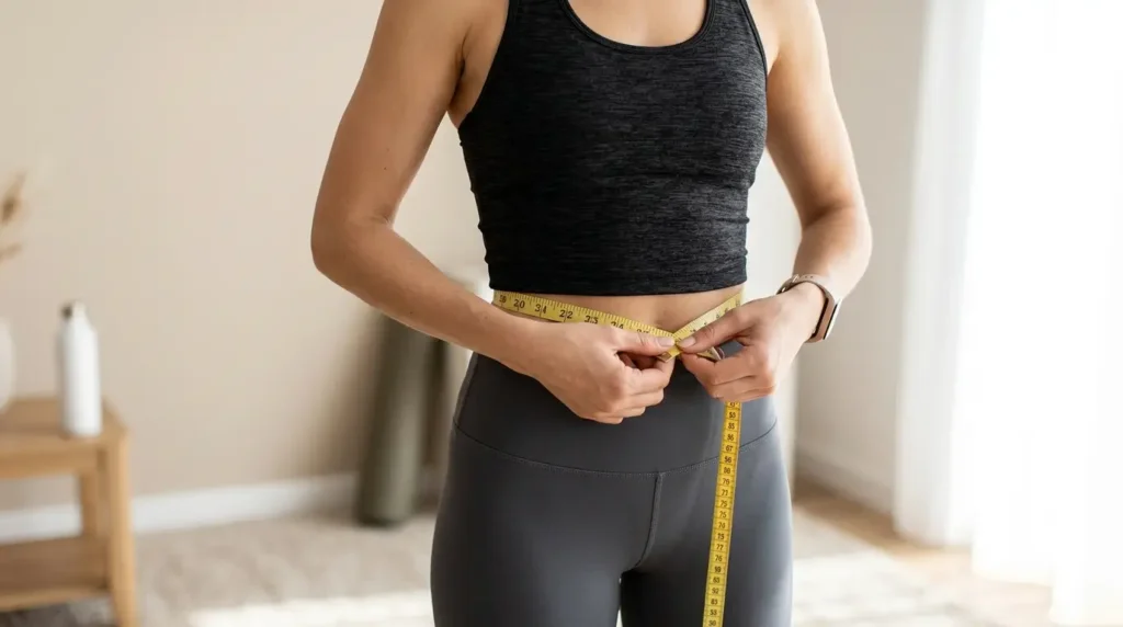 Woman measuring waist reduction after using gelatin belly fat loss recipe daily