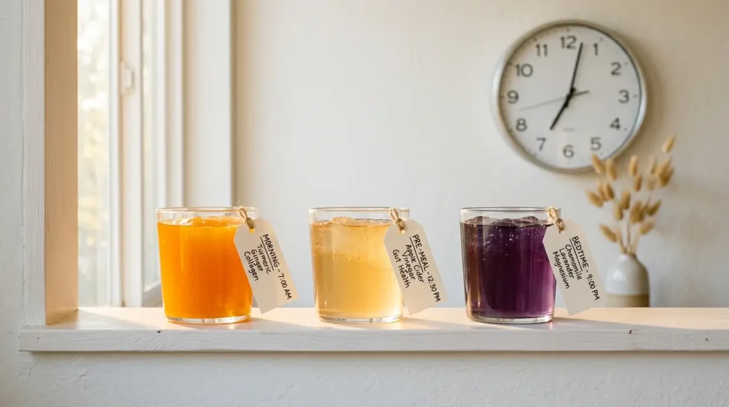 Three daily gelatin drinks showing morning, pre-meal and bedtime timing protocol
