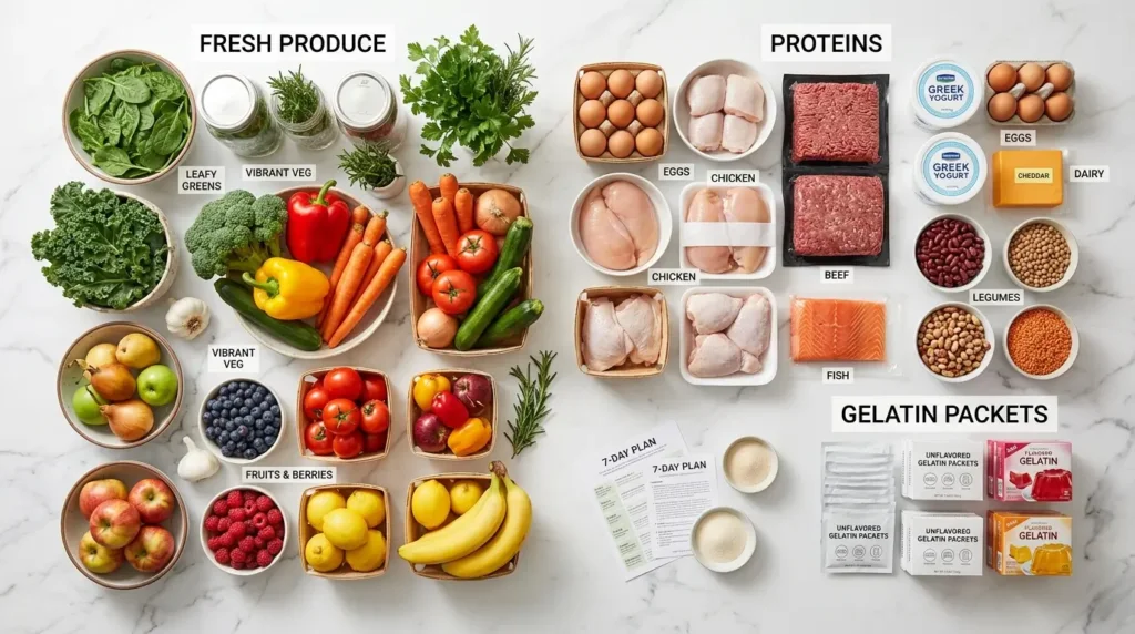 Complete grocery list for 7-day gelatin diet plan with fresh produce and proteins