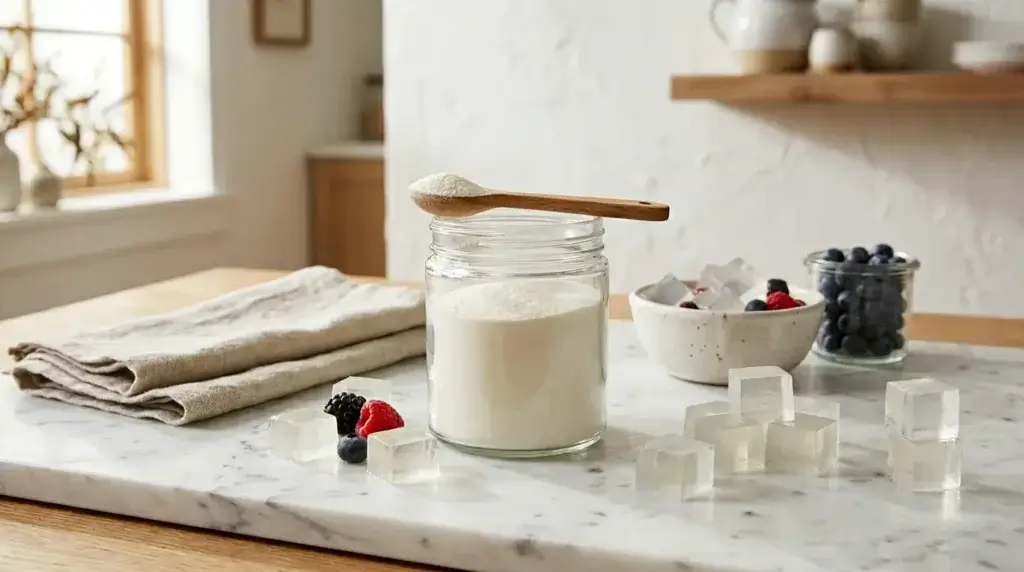 Unflavored gelatin powder in glass jar with measuring spoon — protein content for weight loss