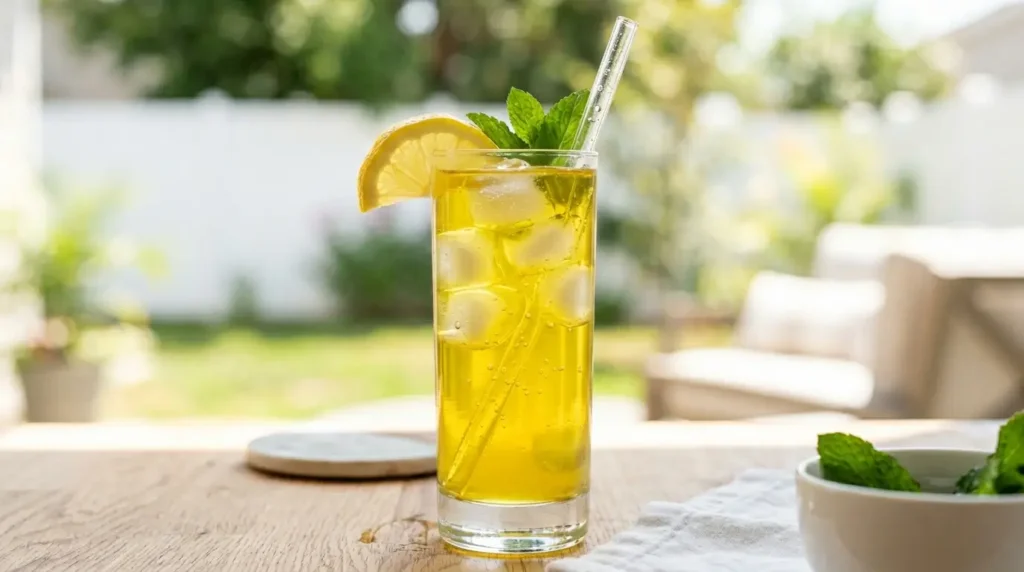 Iced lemon gelatin trick drink with sparkling water and mint for weight loss