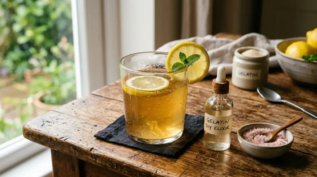 DIY Jelly Fit alternative using homemade gelatin trick recipe with lemon and pink salt