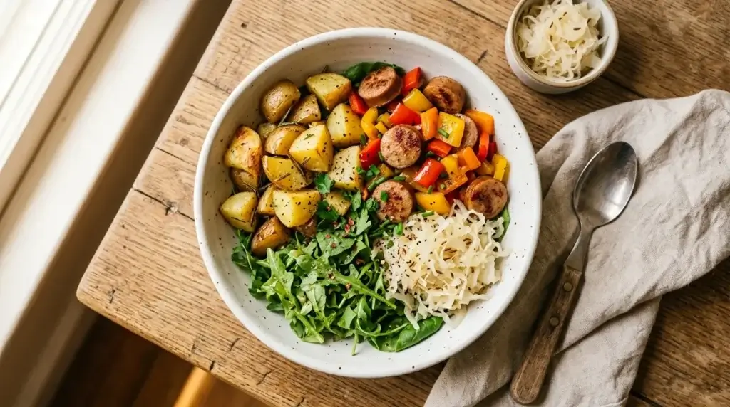 jelly roll weight loss diet — high protein breakfast bowl with chicken sausage and vegetables