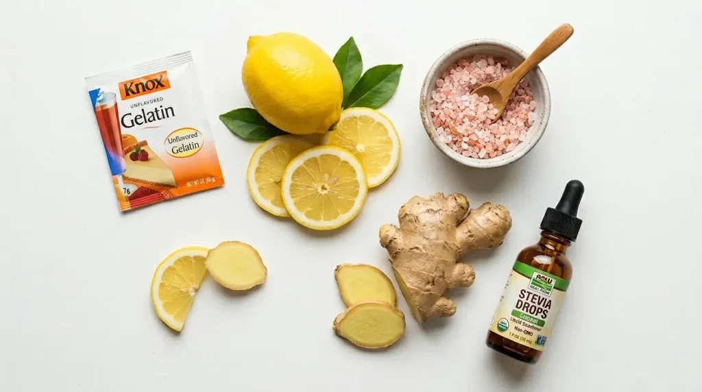 Ingredients for Jillian Michaels gelatin trick recipe: gelatin, lemon, pink salt, ginger