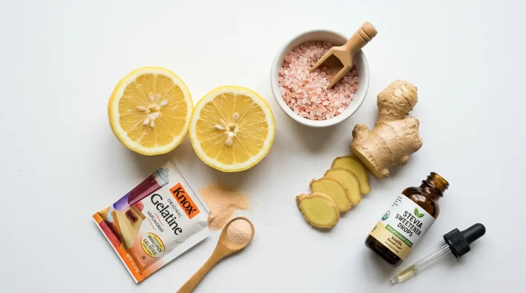 Ingredients for lemon gelatin trick recipe: fresh lemon, unflavored gelatin, pink salt, ginger