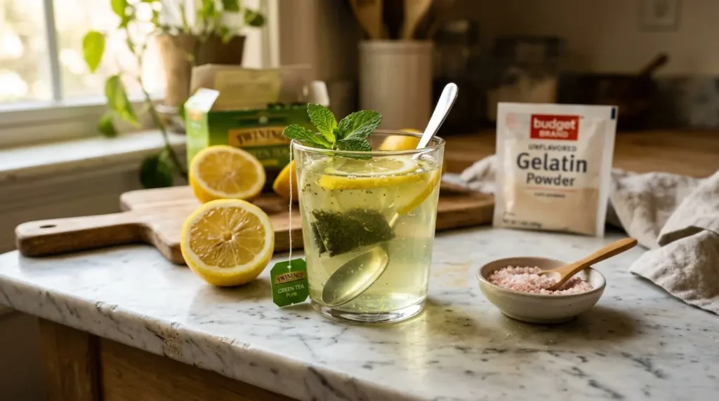 DIY Lipojaro alternative made with gelatin, green tea and lemon for weight loss