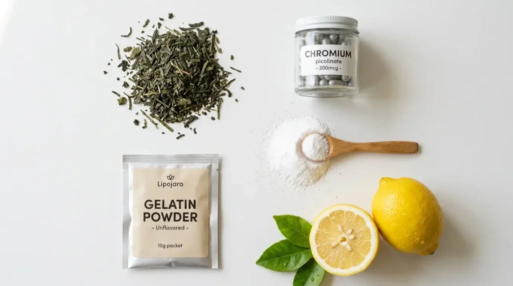 Lipojaro ingredients: hydrolyzed collagen, green tea extract, chromium, vitamin C