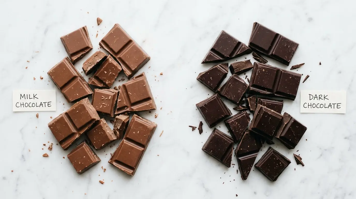 Milk chocolate vs dark chocolate side by side comparison on white marble