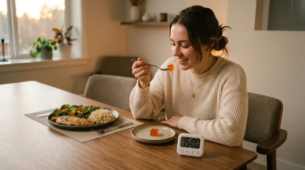 Woman eating Mounjaro jello cubes 15 minutes before dinner for appetite control