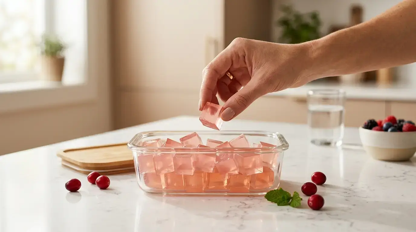 Mounjaro jello recipe cubes in a glass container for pre-meal appetite control