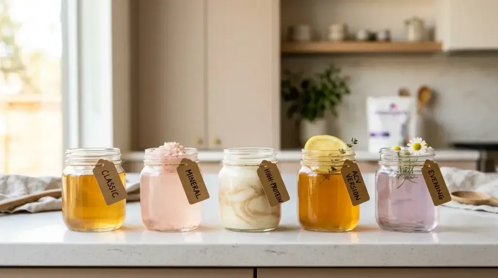 Five Mounjaro jello recipe variations in glass jars: classic, pink salt, high protein, ACV, and evening chamomile