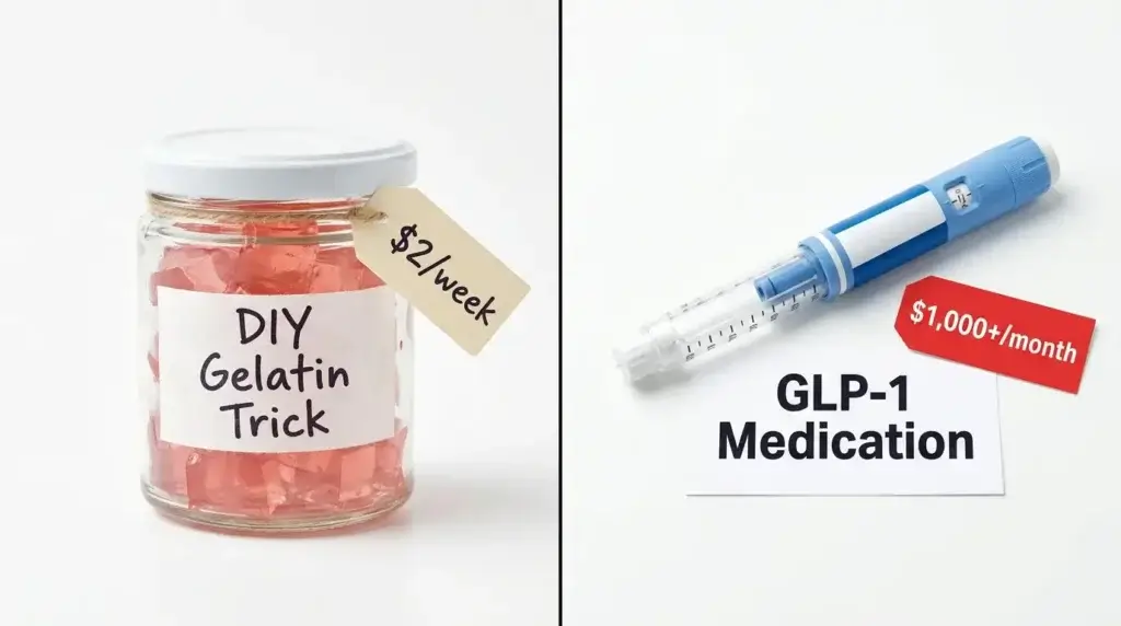 Comparison between homemade Mounjaro jello recipe at $2 per week and Mounjaro medication at $1000 per month