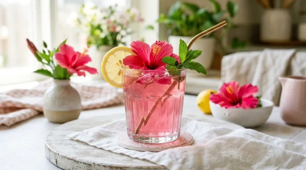 Pink lemon gelatin trick recipe with hibiscus powder for weight loss