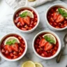 Protein jello made from real strawberries and lemon in white ceramic cups