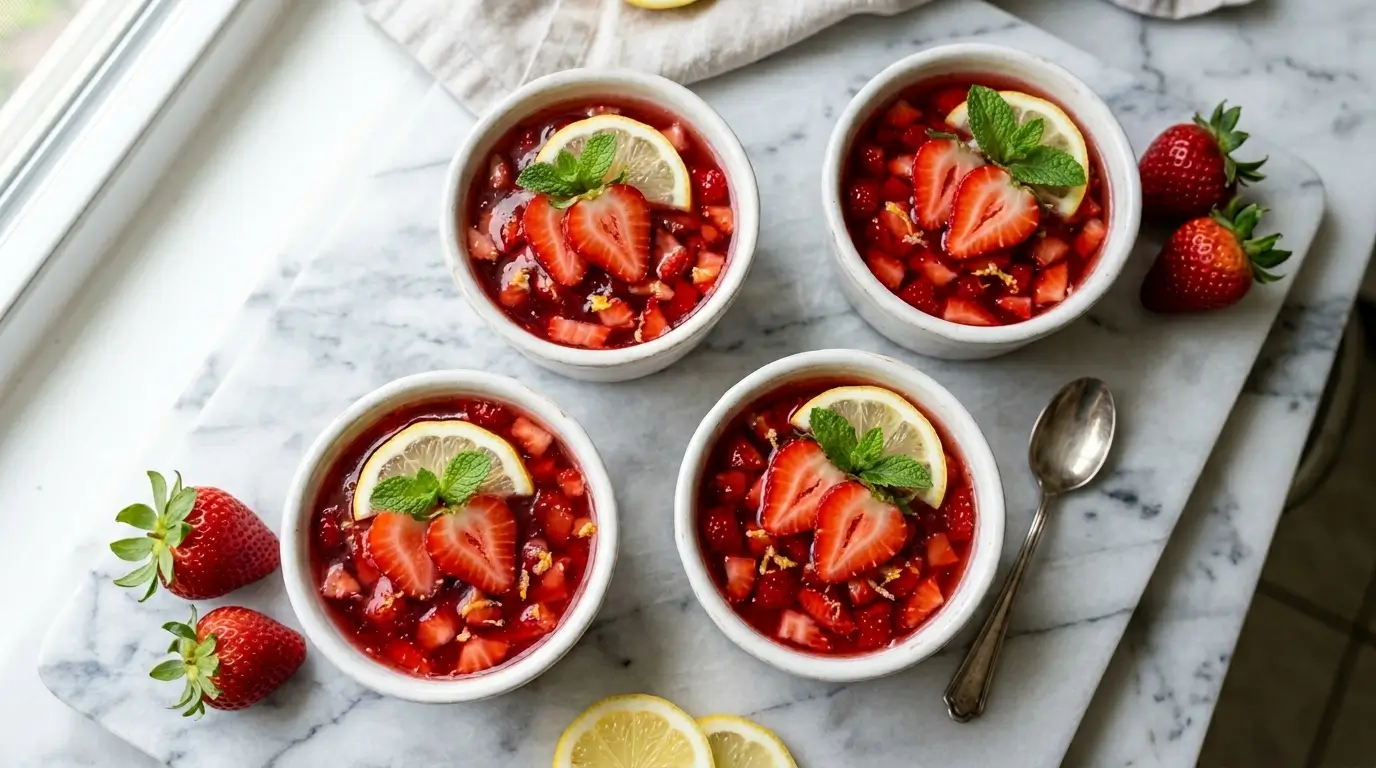 Protein jello made from real strawberries and lemon in white ceramic cups