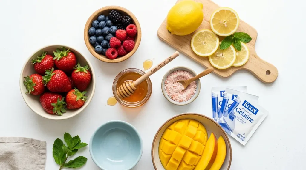 Fresh fruit ingredients for protein jello recipe: strawberries, mango, berries, lemon, gelatin