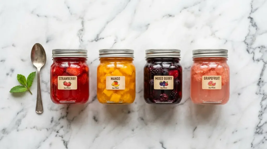 Four protein jello variations: strawberry, mango, mixed berry and citrus pink