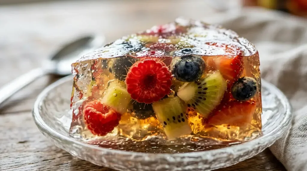 Close-up texture of protein jello with real fruit pieces inside