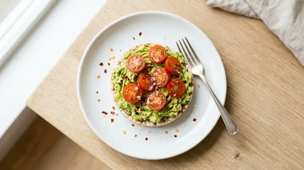 savory rice cake toppings — avocado chili flakes and cherry tomatoes