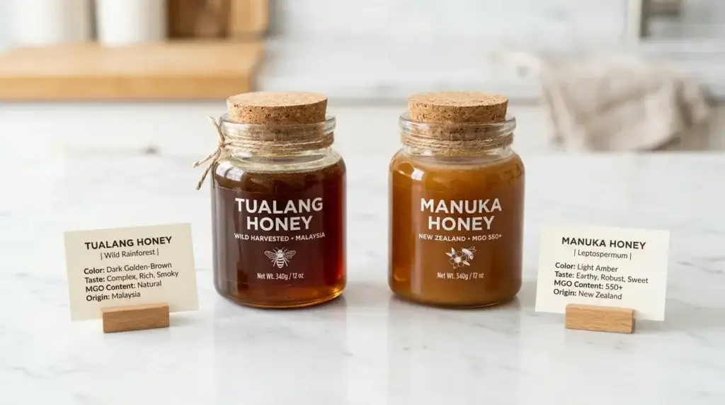 Tualang honey vs Manuka honey comparison showing two jars side by side