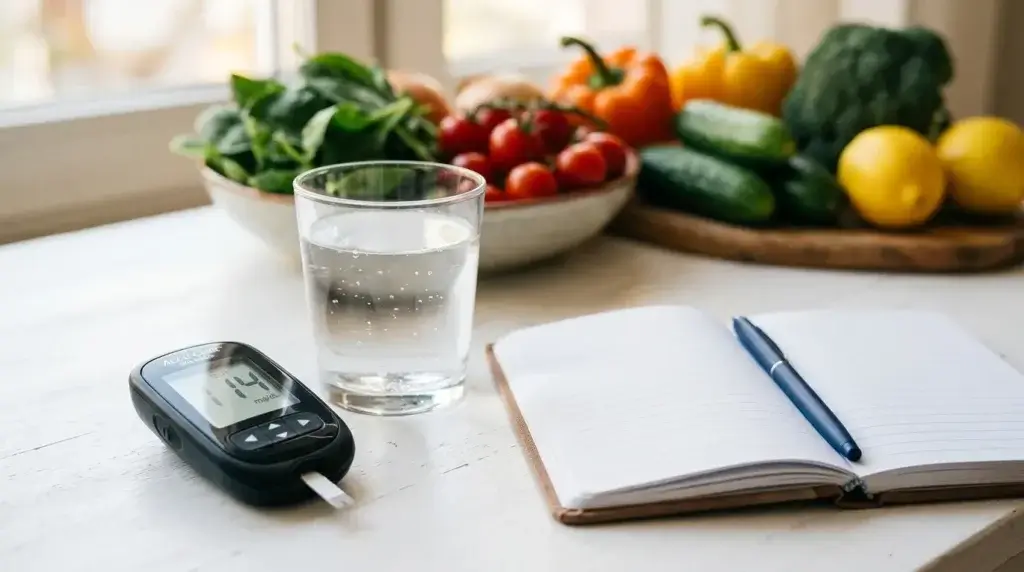 Blood glucose monitor and healthy food representing Randy Jackson type 2 diabetes diagnosis and weight loss transformation