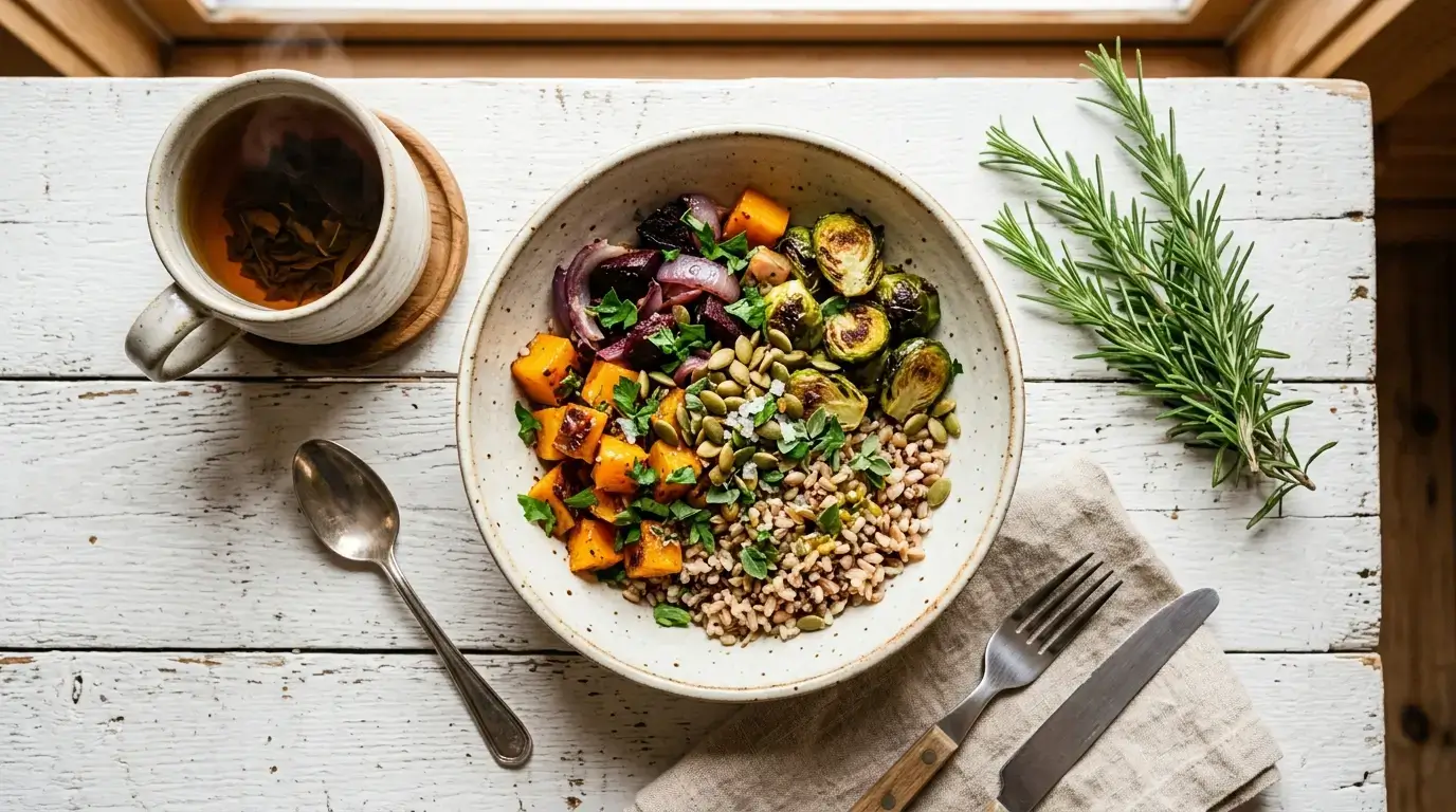 Wholesome balanced bowl meal inspired by Half Baked Harvest food philosophy on rustic farmhouse table