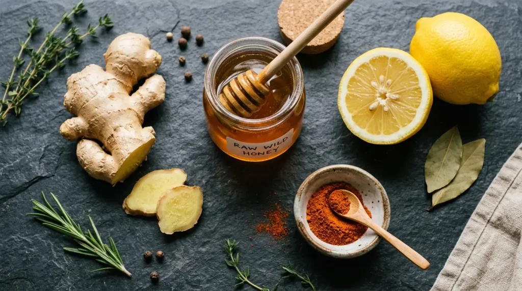 cayenne pepper ginger honey lemon flat lay wellness spices on dark background