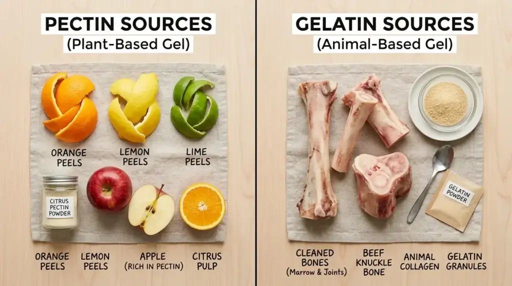 Pectin from citrus fruit vs gelatin from animal collagen showing different sources