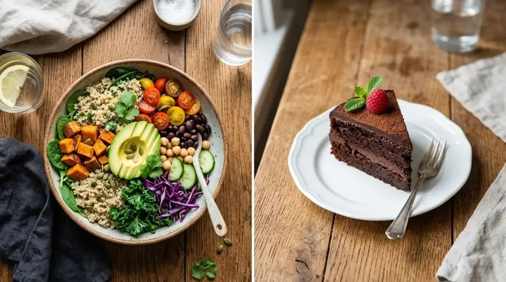 Side by side comparison of a healthy protein bowl and chocolate dessert representing Tieghan Gerard's balanced diet philosophy