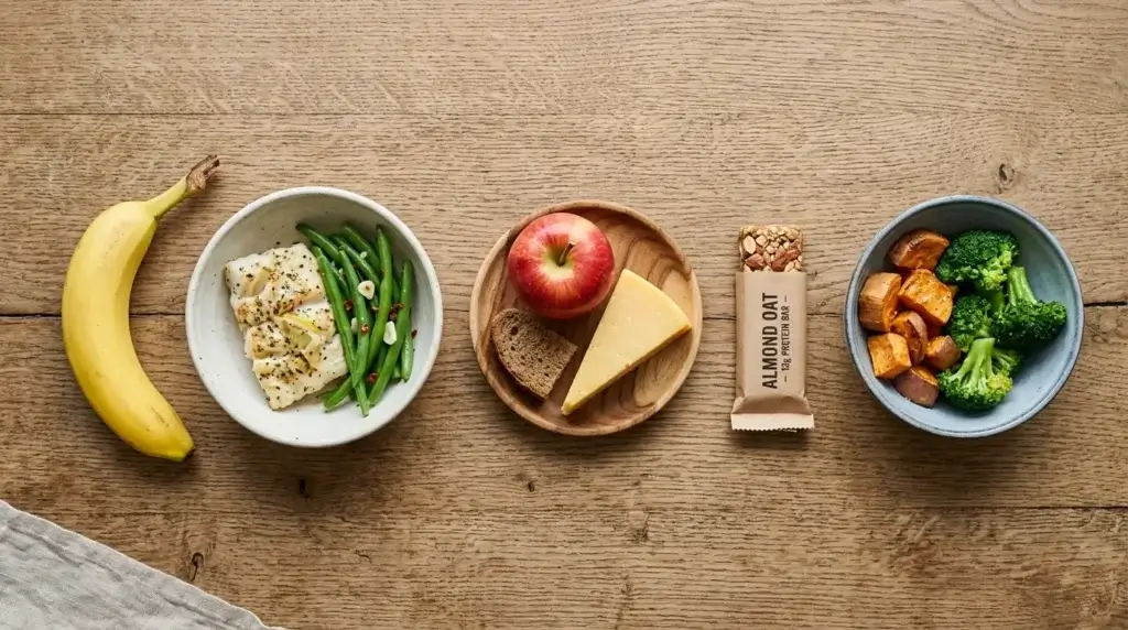 Five small balanced meals and snacks laid out representing Randy Jackson five meals a day weight loss eating method