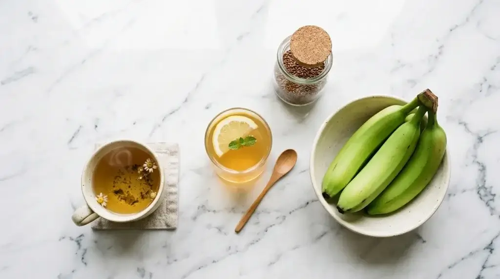 Gut health foods including gelatin drink, green bananas, flaxseeds and herbal tea connecting Randy Jackson gut health philosophy to natural weight management