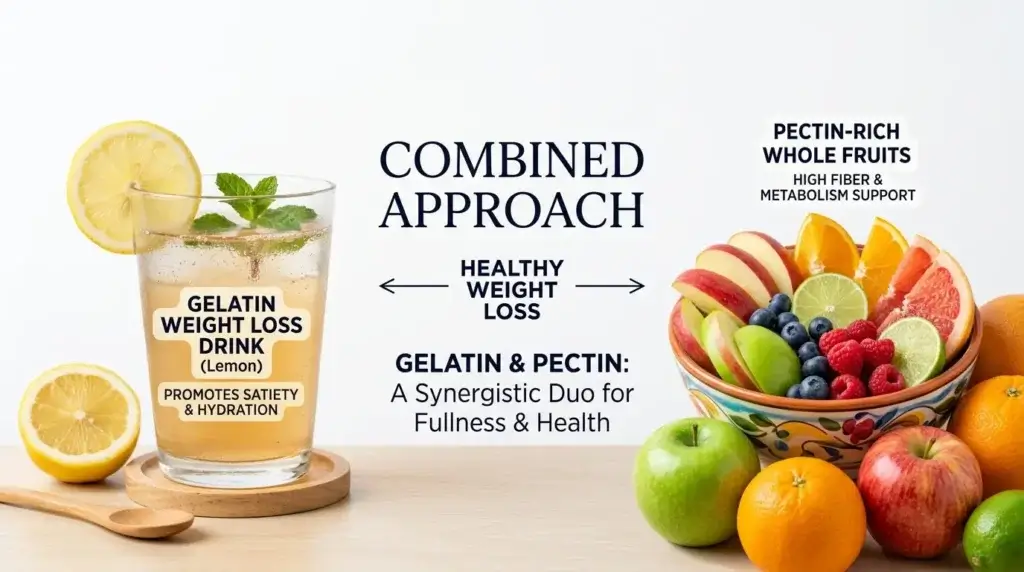 Combined gelatin drink and pectin-rich fruits for optimal weight loss approach
