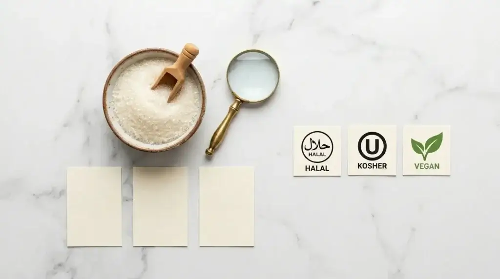 Gelatin powder beside halal kosher and vegan certification symbols showing how to identify pork gelatin on labels
