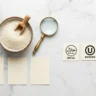 Gelatin powder beside halal kosher and vegan certification symbols showing how to identify pork gelatin on labels