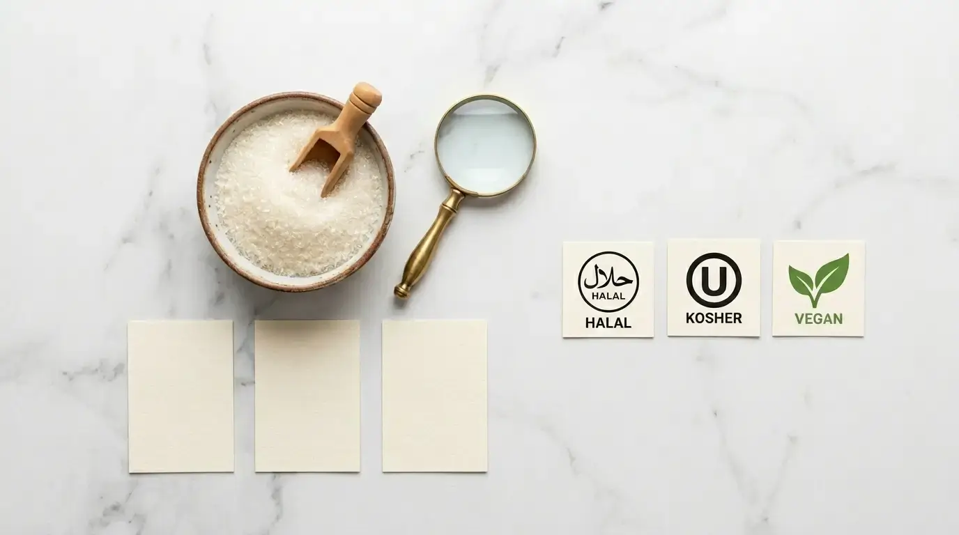 Gelatin powder beside halal kosher and vegan certification symbols showing how to identify pork gelatin on labels