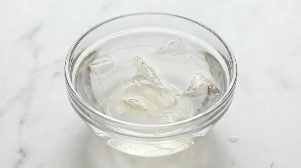 gelatin sheets soaking in cold water bowl blooming preparation