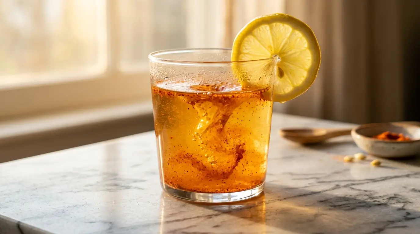 cayenne pepper water shot recipe with lemon and honey in a clear glass