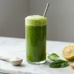 GLP-1 activating green protein smoothie with gelatin spinach ginger turmeric lemon