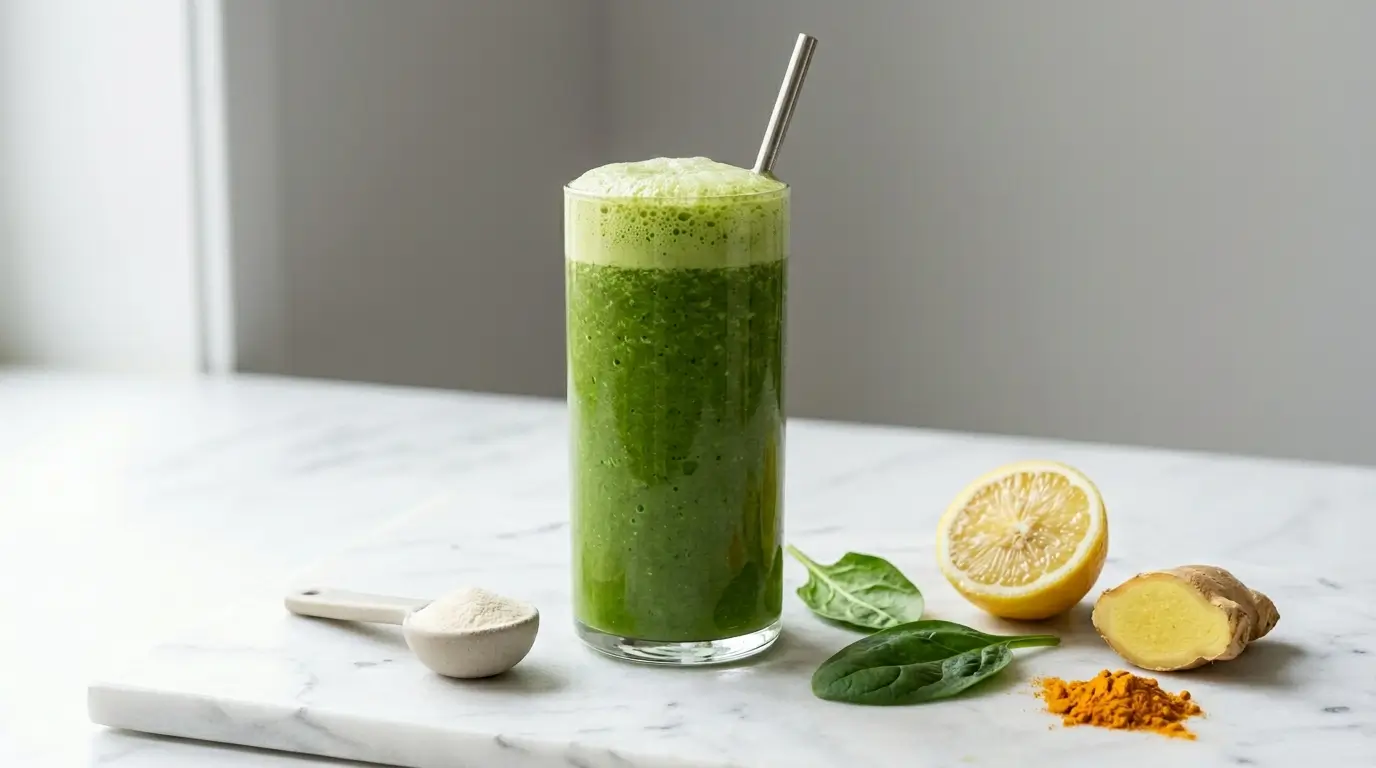 GLP-1 activating green protein smoothie ingredients spinach ginger gelatin turmeric lemon
