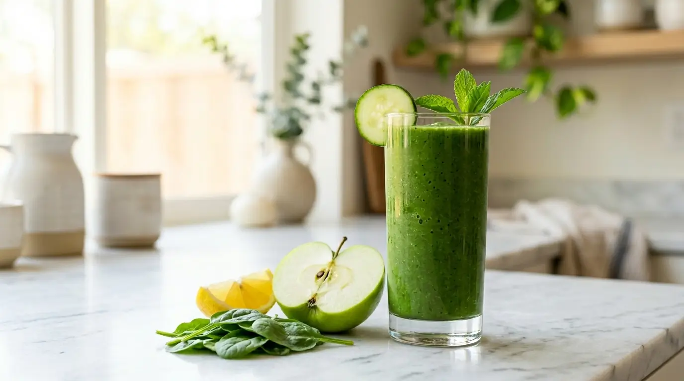 Anti-diabetic green smoothie with spinach ginger turmeric lemon and green apple