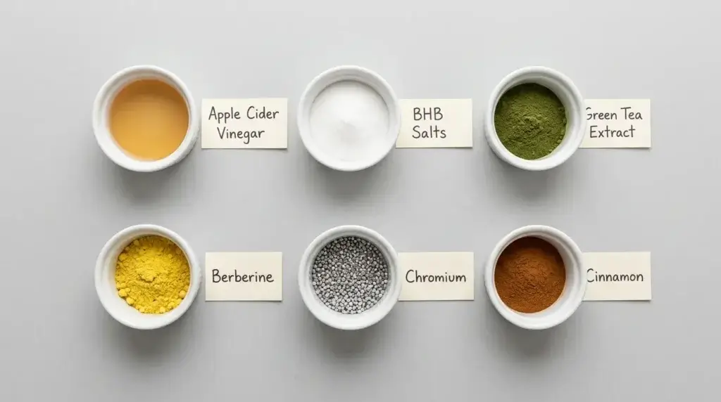 Jelly Tide ingredients breakdown showing ACV, BHB salts, green tea extract, berberine, chromium and cinnamon