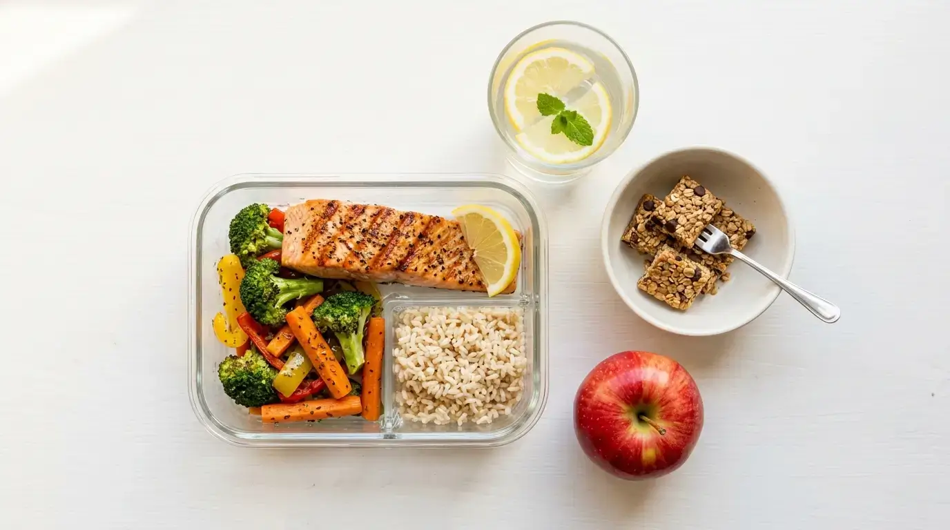 Healthy meal prep with grilled fish, roasted vegetables and rice representing Randy Jackson weight loss diet