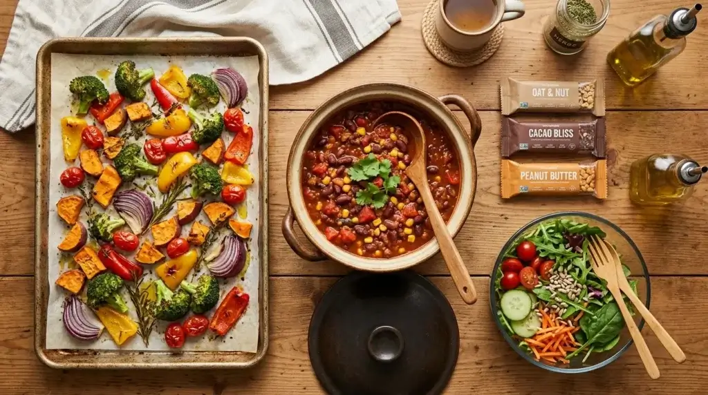 Three day meal prep with sheet pan vegetables, soup and protein bars inspired by Half Baked Harvest healthy eating tips