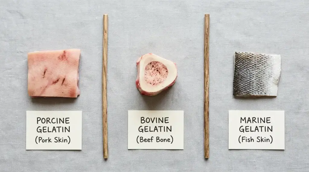 Three gelatin sources side by side showing pork skin beef bone and fish skin representing porcine bovine and marine gelatin