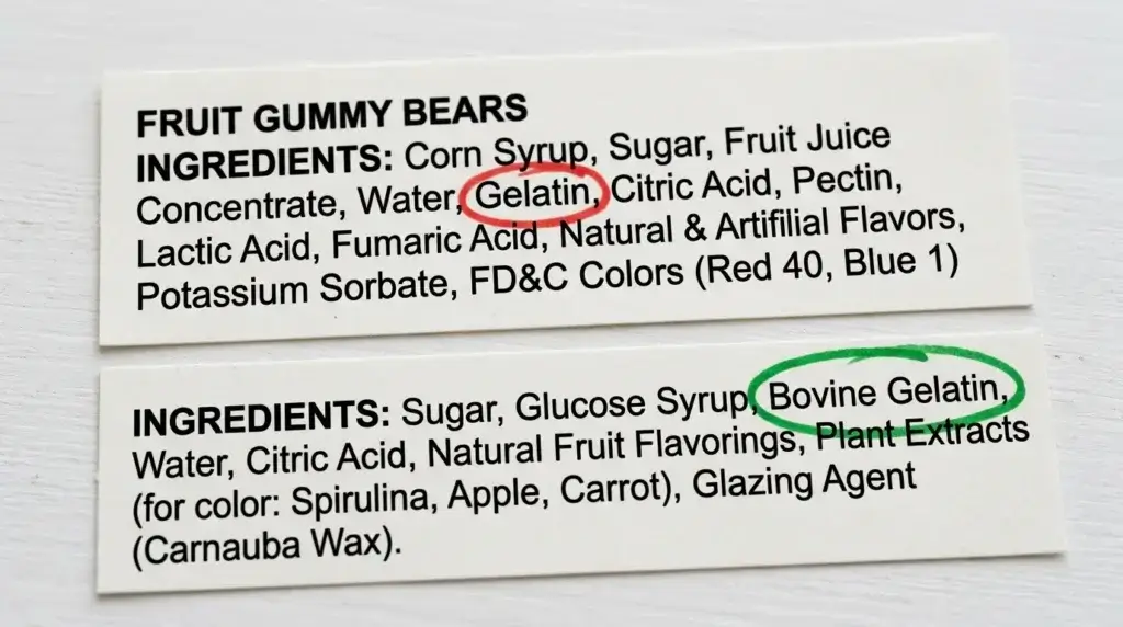 Two food ingredient labels comparing unspecified gelatin circled in red versus bovine gelatin circled in green for halal identification