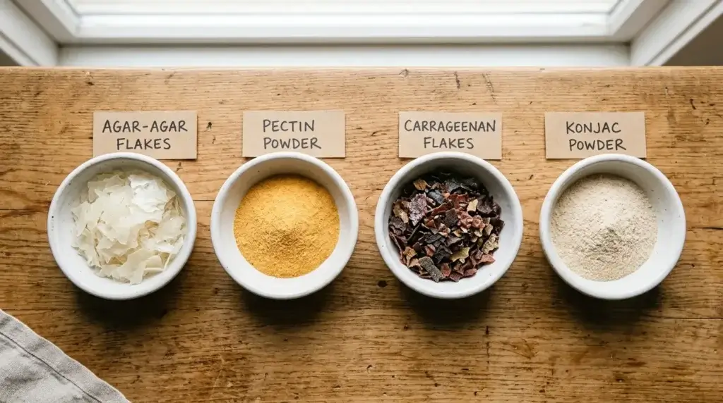 Four pork-free gelatin alternatives in ceramic bowls including agar agar pectin carrageenan and konjac powder