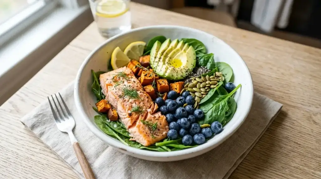 Anti-inflammatory protein bowl with salmon avocado and blueberries inspired by Kathy Bates diet