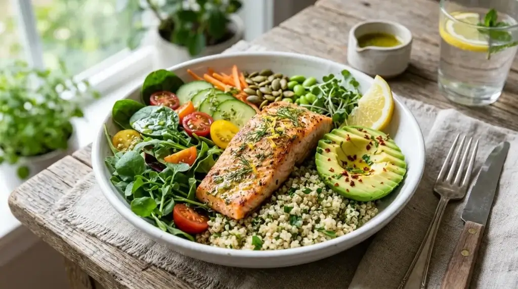 Anti-inflammatory salmon bowl with quinoa and avocado inspired by Serena Williams